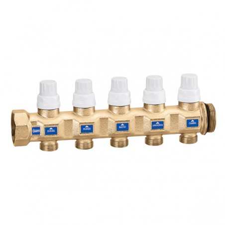 Collettore di ritorno 1 1/4" F-M con 5 vie 3/4"maschio, interasse 50 mm, con debimetri e valvole di regolazione Caleffi 666755S1
