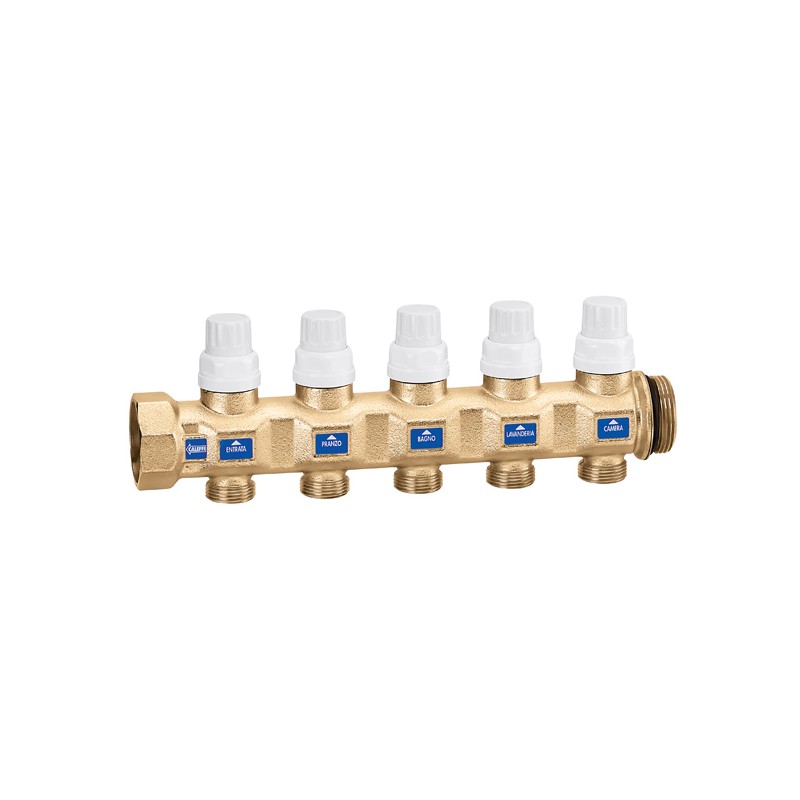 Collettore di ritorno 1 1/4" F-M con 7 vie 3/4"maschio, interasse 50 mm, con debimetri e valvole di regolazione Caleffi 666775S1