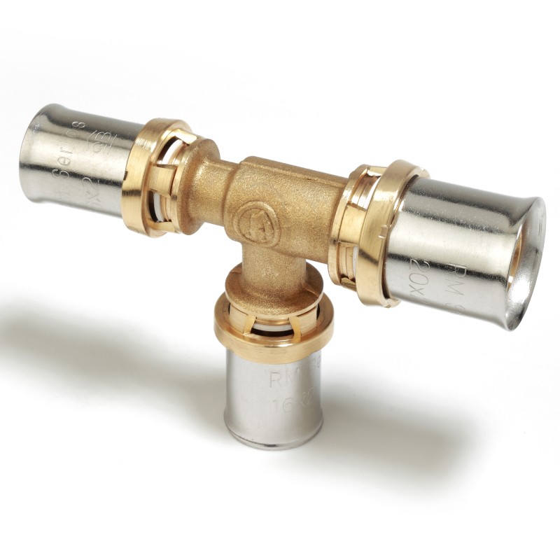 Raccordo a Tee ridotto a pressare (20 x 2) x (20 x 2) x (16 x 2) multipinza per tubi in plastica o multistrato RM151Y065 1