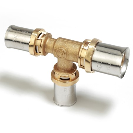 Raccordo a Tee ridotto a pressare (20 x 2) x (20 x 2) x (16 x 2) multipinza per tubi in plastica o multistrato RM151Y065 1