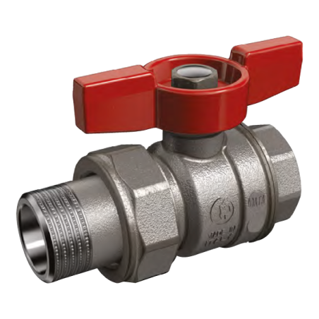 Valvola a sfera con attacchi filettati 1/2" F-M a bocchettone, farfalla rossa Giacomini R859X323 1