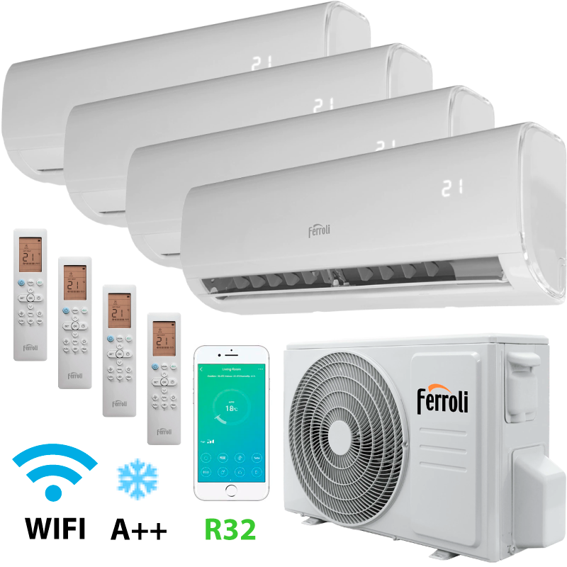 Condizionatore quadri split Ferroli Ambra 7000+7000+7000+7000 BTU inverter A++ Wi-Fi incluso 2CP0000F + 2CP0000F + 2CP0000F + 2C Condizionatore quadri split Ferroli Ambra 7000+7000+7000+7000 BTU inverter A++ Wi-Fi incluso 2CP0000F + 2CP0000F + 2CP0000F + 2C