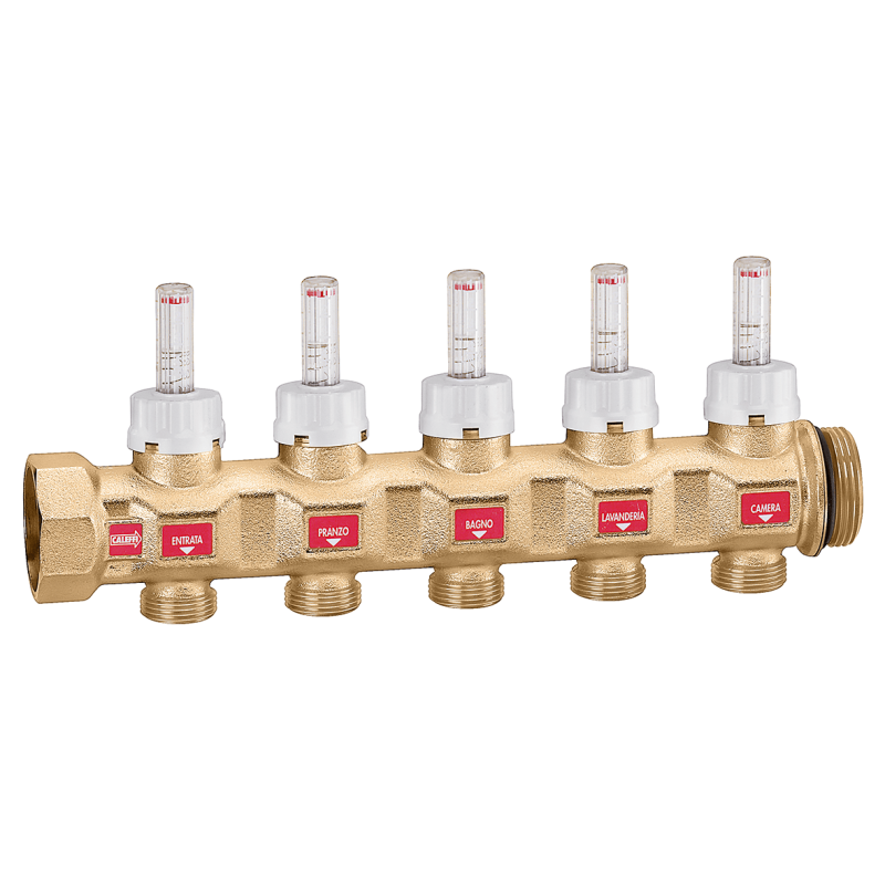 Collettore di Tour 1 1/4" F-M con 4 vie 3/4"maschio, interasse 50 mm, con debimetri e valvole di regolazione Caleffi 667745S1 66 Collettore di Tour 1 1/4" F-M con 4 vie 3/4"maschio, interasse 50 mm, con debimetri e valvole di regolazione Caleffi 667745S1 66