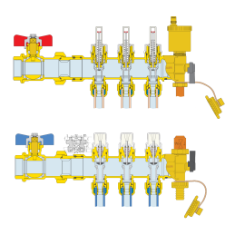 Collettore premontato di distribuzione Ø 1" F con 8 vie 3/4" maschio, valvole di regolazione e flussometri Caleffi 6686H5S1 6686