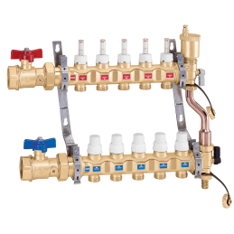 Collettore premontato di distribuzione Ø 1 1/4" F con 8 vie 3/4" maschio, valvole di regolazione e flussometri Caleffi 6687H5S1 
