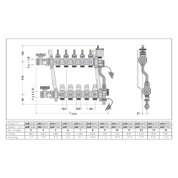 Collettore premontato di distribuzione Ø 1 1/4" F con 9 vie 3/4" maschio, valvole di regolazione e flussometri Caleffi 6687I5S1 