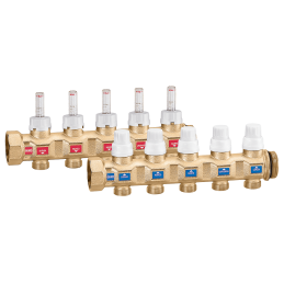 Coppia di collettori di distribuzione Ø 1 1/4" F-M con 7 derivazioni 3/4" maschio, flussometri e valvole Caleffi 668775S1 668775