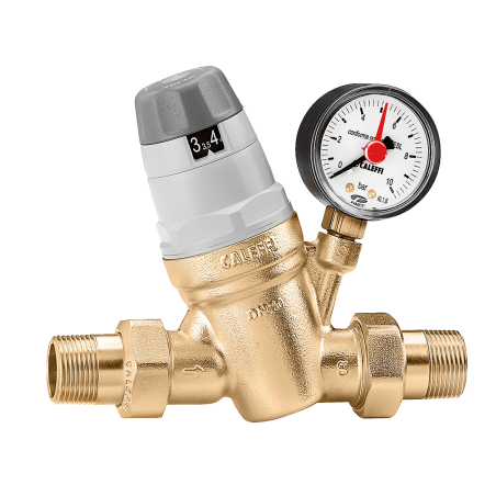 Riduttore di pressione Ø 1/2" bocchettone con cartuccia monoblocco estraibile, con manometro 0-10 bar. Caleffi 535041 535041 1