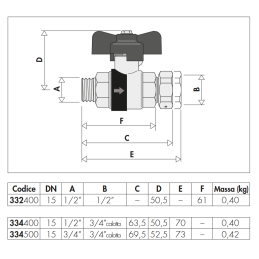 Valvola a sfera con ritegno incorporato G 1/2" A M maschio - femmina, manopola a farfalla, DN 15 Caleffi 334400 334400 2