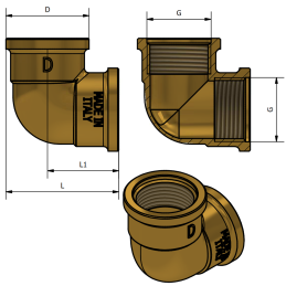 Gomito 90° F/F Pesante in Ottone Giallo 1/2" x 1/2" - Codice 200H12 TDM BRASS 200H12 2
