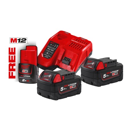 2 x M18 5.0 Ah + 1 x M12 2 Ah, Caricabatterie M18 NRG-502 Milwaukee 4933459217 4933459217 1
