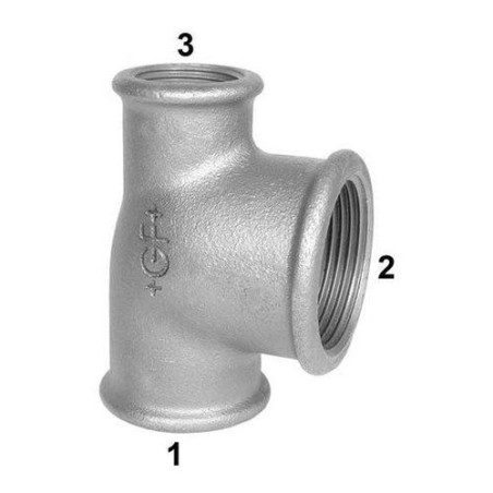 TEE 1 1/2 X 1 1/4 X 1 1/2 ø 1.1/2" x 1.1/4" x 1.1/2" GHISA MALLEABILE ZINCATA 13005767 ATUSA ITALIA SPA 13005767 1