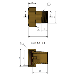 Codolo e Dado con Guarnizione Sede Piana M 3/4" x F 1" - Codice 230A34 TDM BRASS 230A34 2