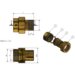 Raccordo M/F 3 Pezzi con O-Ring 3/4" x 3/4" - Codice 230OR34 TDM BRASS 230OR34 2