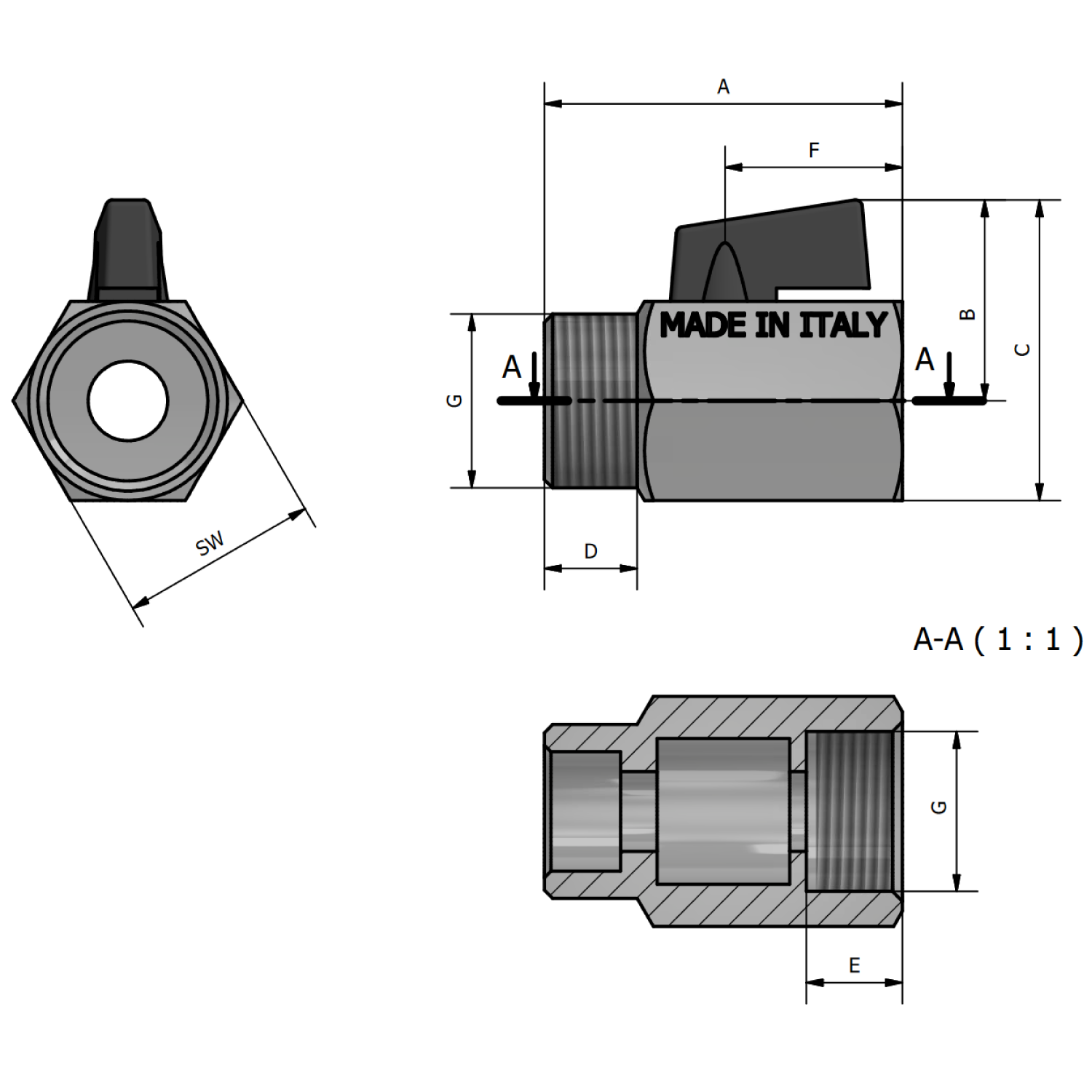 Mini valvola a sfera M-F stampata in ottone nichelato con filettatura