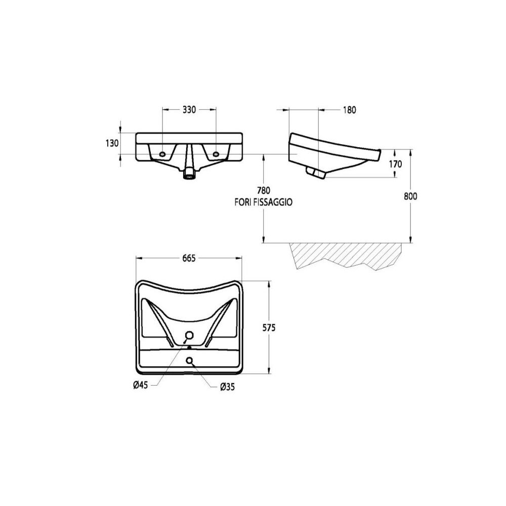 Idral 10191 - Lavabo Ergonomico in Ceramica Serie EASY con Troppopieno e Opzioni di Fissaggio
